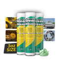 Green Grease Tube Set 3oz Three Pack for Grease Gun NLGI 2 Lithium High Temperature Waterproof Marine Grade Rust Resistant Wheel Bearing Lube displayed with application images.