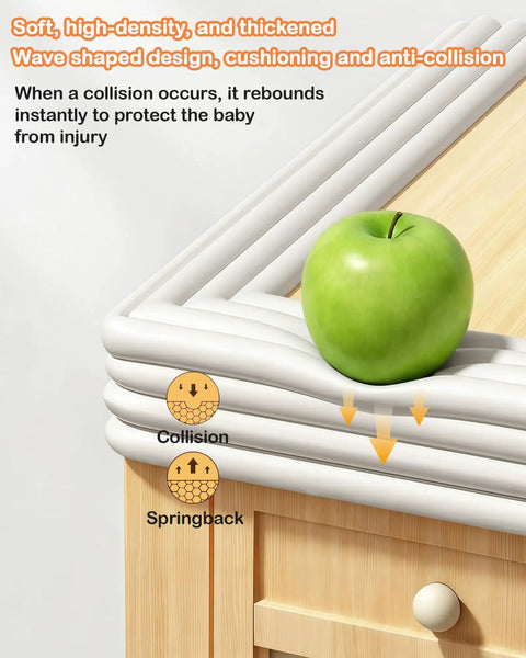 Super Snug W Shape Corner Protectors With Pre Taped Edge Guard For Furniture Safety Kid And Pet Friendly Home Bumper Roll Quick Stick Setup Rock Solid Protection on wooden furniture with green apple.