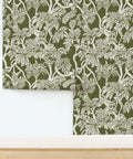 Top Notch Type II Professional Tropical Jungle Wallpaper Featuring Hella Durable Matte Finish and Subtle Linen Texture on green wall.