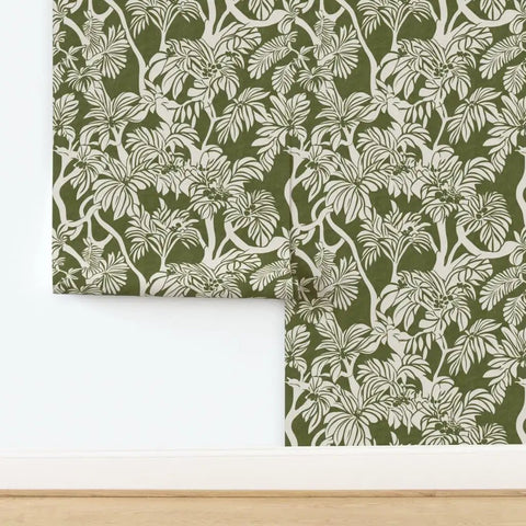 Top Notch Type II Professional Tropical Jungle Wallpaper Featuring Hella Durable Matte Finish and Subtle Linen Texture on green wall.