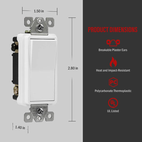 4 Way Decorator Rocker Light Switch 15A 120V 277V Gloss Finish With Ground Wire Lead Attached UL Listed Residential Commercial Grade 5 Pack Great For Hallways And Living Rooms with product dimensions shown.