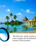 52mm Clip-On CPL Polarizing Filter For All Smartphones Universal Fit, blue filter lens with palm trees and ocean reflection view