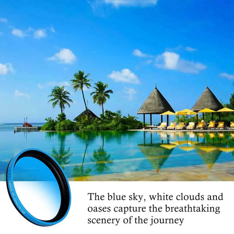 52mm Clip-On CPL Polarizing Filter For All Smartphones Universal Fit, blue filter lens with palm trees and ocean reflection view