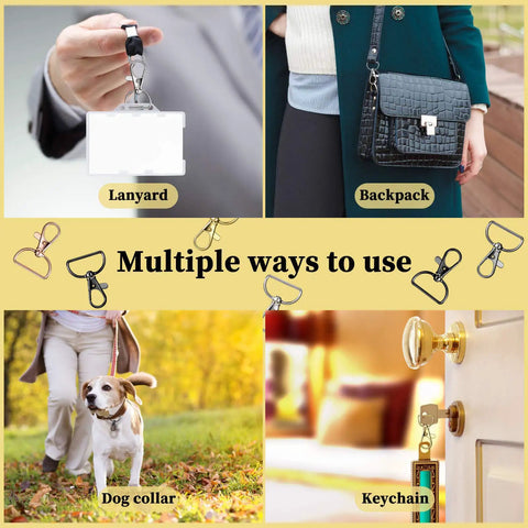 25 Heavy Duty Metal Swivel Clasp Hooks And One Inch D Ring Keychain Making Kit Featuring Smooth Lobster Claw Clasps used for lanyards, backpacks, dog collars, and keychains.