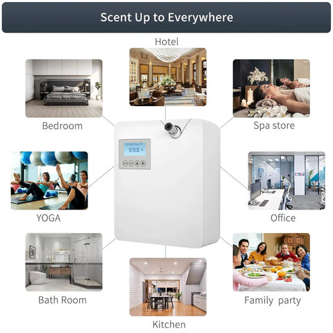 Smart Cold Air Scent Diffuser For Home With Dry Mist Technology To Vaporize Essential Oils Fast Without Water Or Heat And Straight Up Smooth 300 Ml Capacity White displayed in various settings like office, kitchen, and bedroom.