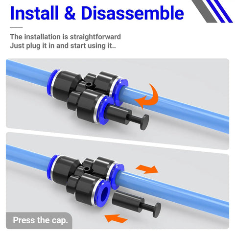 Diagram showing installation of 30 Packs Of Three Eighths Inch Push To Connect Pneumatic Fittings Cap Style Blanking Plugs
