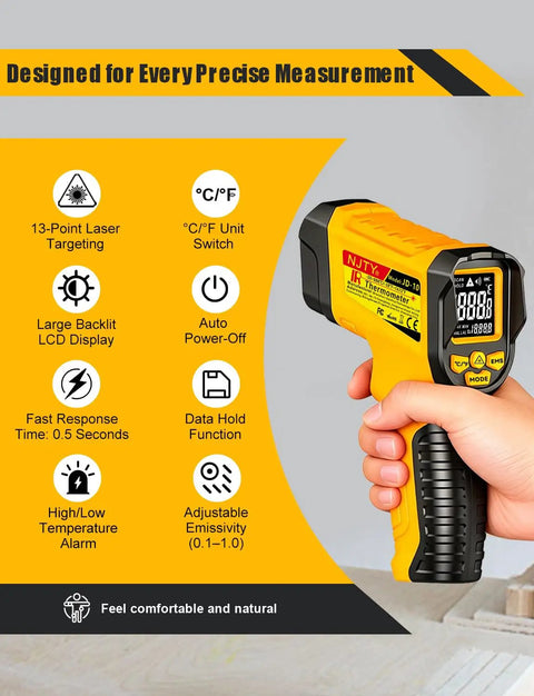 Infrared Temperature Gun With 13 Point Laser And Fast Read, Wide -58 To 1472 Degrees F, Precise Surface Readings In 0.5 Seconds, Great For Cooking, Griddles, HVAC, Automotive, And DIY Projects. yellow infrared temperature gun with LCD display, 13-point laser targeting, and hand grip