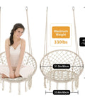 Boho Macrame Hammock Chair With Tassels Handwoven Cotton Rope Swing Indoor Outdoor Lounge Chair For Patio Or Bedroom Hanging Swing Chair Supports Up To 330 Lbs Beige with dimensions 31.5in/80cm width and 47.2in/120cm height, featuring a seated person.