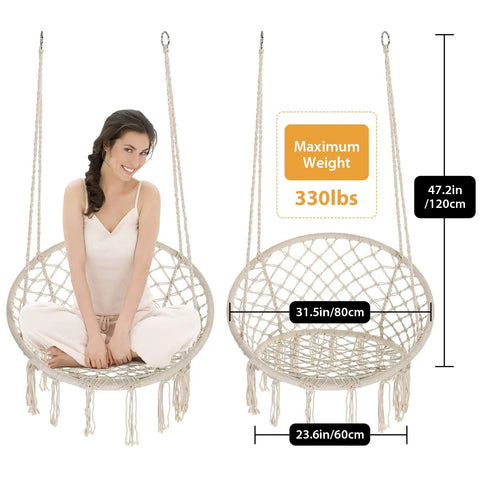 Boho Macrame Hammock Chair With Tassels Handwoven Cotton Rope Swing Indoor Outdoor Lounge Chair For Patio Or Bedroom Hanging Swing Chair Supports Up To 330 Lbs Beige with dimensions 31.5in/80cm width and 47.2in/120cm height, featuring a seated person.
