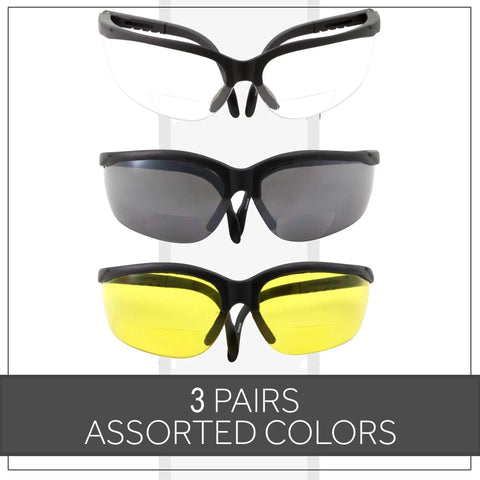 Three Pair Bifocal Safety Reading Glasses Set With Assorted Color Frames Including Clear Black And Yellow Lenses Side Cover Diopter Plus 1.50 ANSI Z87 Certified UV400 Protection Curved Polycarbonate Impact Resistant Lenses displayed in three rows