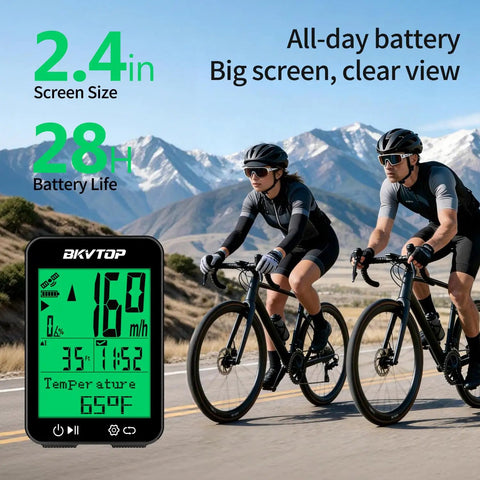 Cyclists using GPS Bike Computer With Wireless Cycling Data, 2.4 Inch LCD Speedometer, Auto Start Stop, IPX7 Waterproof.