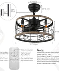 Diagram of a Small 18 Inch Caged Ceiling Fan With Lights And Remote Control Industrial Rustic Farmhouse Enclosed Bladeless Ceiling Fan For Bedroom Kitchen Living Room Black, featuring dimensions and controls.