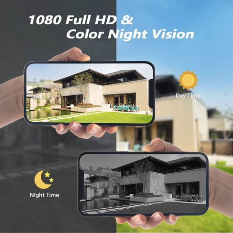 Comparison of day and night vision on phone screens from Solar Powered Wireless Outdoor Security Camera With 355 Degree Pan Tilt