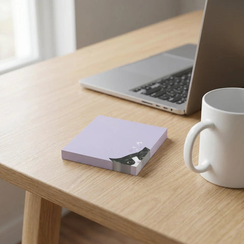Black Cat 3x3 Sticky Notes Set Self Stick Memo Pads on office desk beside laptop and mug, cat design visible