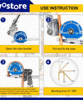 Heavy Duty 1/2 Inch Manual Tubing Bender With Smooth Roll Action Perfect For Bending Copper And Steel Pipes Up To 180 Degrees instructions for use with diagram.
