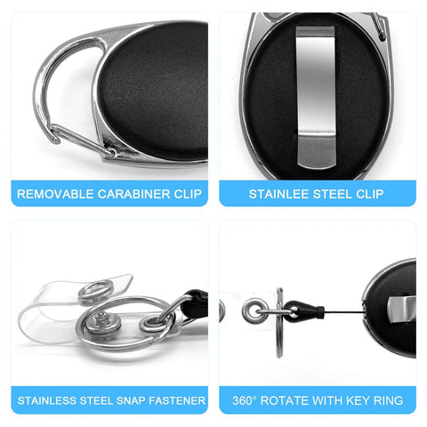 Close-up of Five Pack Retractable Badge Reels with Carabiner Clip and Key Ring, showcasing metal carabiner, belt clip, and snap fastener details.