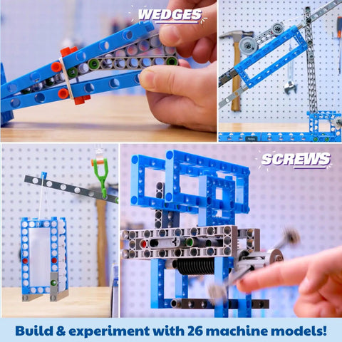 Hands On Simple Machines Kit Build 26 Models To Explore Levers Pulleys Wheels And Axles Inclined Planes Screws Wedges And Mechanical Physics Basics With Real World Experiments For Curious Builders showing assembly of wedges and screws.