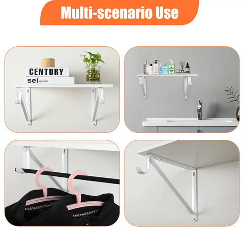 Kickass Heavy Duty Closet Shelf And Rod Brackets 10 Pack Wall Mounted L Shaped Steel Brackets With Extra Rod Arm White Finish, showcasing versatile storage options.