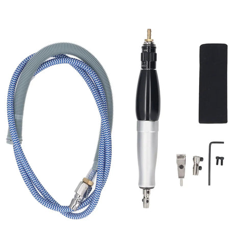Heavy Duty Pneumatic Pencil Die Grinder Built To Handle Heavy Lifting Jobs With Rock Solid Aluminum Construction For Smooth Precision Grinding And Polishing At 8000 Rpm Perfect For Pro Shops with tools and air hose.