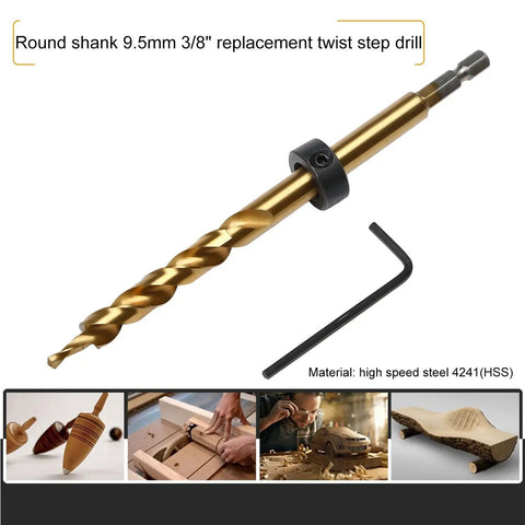 Titanium Coated Pocket Hole Drill Bit Set With Adjustable Depth Stop Collar For Manual Pocket Hole Jig System 3/8 Inch Size And 1/4 Inch Hex Shank Twist Step Bits Includes Wrench And Limit Ring Built To Last