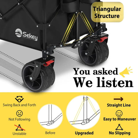 Close-up of wheel structure on Heavy Duty Collapsible Wagon With 660 Lb Capacity highlighting upgraded triangular frame for stability.
