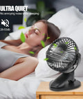 Rechargeable Portable Clip On Desk Fan For Beat The Heat On The Go With 3 Speeds And USB Power in bedroom setting