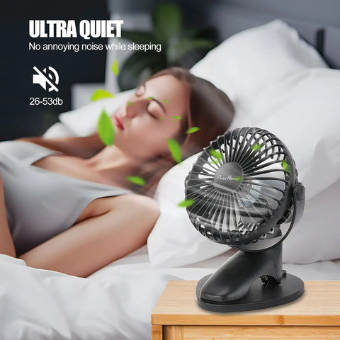 Rechargeable Portable Clip On Desk Fan For Beat The Heat On The Go With 3 Speeds And USB Power in bedroom setting