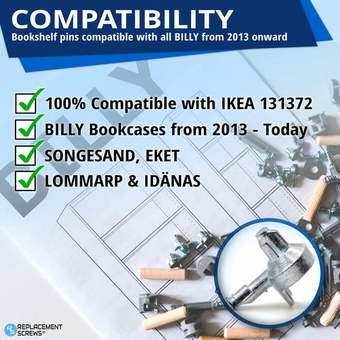 Heavy Duty Shelf Support Pins And Replacement Screws Compatible With Ikea Part 131372 solid zinc alloy for BILLY bookcases.