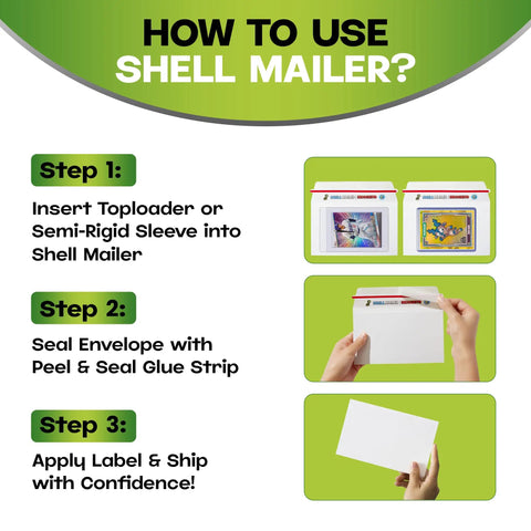 Instructions for using Shell Mailer Incognito Trading Card Envelopes, 100 Pack, 7 x 4.35 Inch Lightweight Card Mailers for Shipping