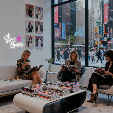Three people reading in a modern lounge with a "Slay Queen" neon sign on the wall, city street view through the window.