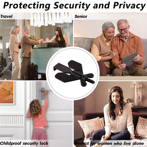 Portable Door Lock For Travel And Home Security With Extra Privacy Great For Hotels Apartments Dorm Rooms College Living And On The Go Business Trips Easy To Install Keeps Outsiders From Forcing Entry, shown with diverse users in home and travel settings.