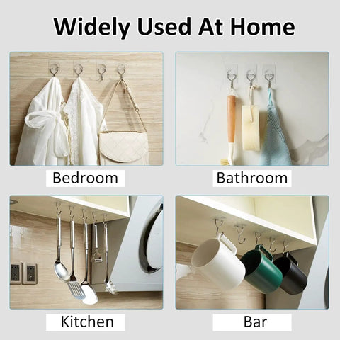 8 Pack Clear Adhesive Wall Hooks Stick On Self Adhesive Stainless Steel Hooks Hang Up To 11 Lbs Great For Bathroom Kitchen Entryway And More Discreet Invisible Mount No Tools Needed showcasing use in different home areas.