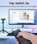 Remote control for Straight Up Dope 4K Dual Camera Webcam For Streaming And Video Calls next to a monitor setup.