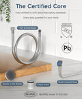 Lead-free hot and cold hoses with aerator, check-valve, and quick-connect hose for certified kitchen use.