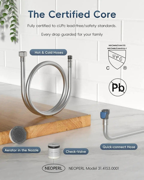 Lead-free hot and cold hoses with aerator, check-valve, and quick-connect hose for certified kitchen use.