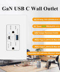 GaN USB C Wall Outlet with AC and DC details, featuring two Type C charging ports, 65W, UL certified.