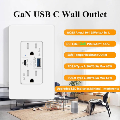 Kickin Fast Charge 65W GaN USB C Wall Outlet Two Pack 15 Amp Tamper Resistant Receptacle PD3.0 with blue LED indicator.