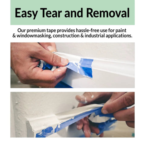 Hands peeling Blue Painter Tape 4 Rolls 2 Inch Wide Each 55 Yards Total Made For Quick Masking On Walls Glass Wood Trim and Multi Surface