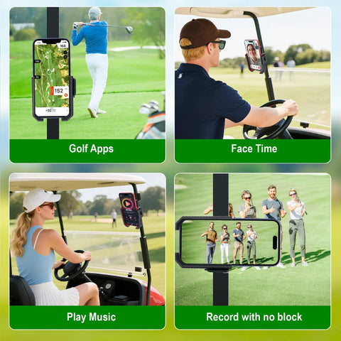 Magnetic Golf Cart Phone Holder With 8 N52 Strong Magnetic Base Universal Fit For EZGO Club Car Yamaha Golf Carts Secure Grip For iPhone Samsung And Other Smartphones Red Accessory For Men And Women in use for various activities on a golf course.
