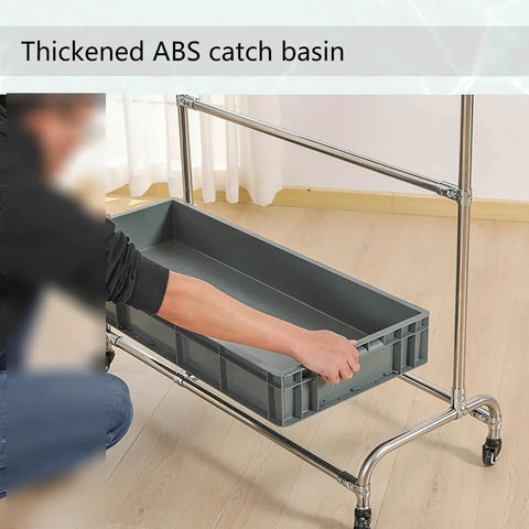 Person placing basin on 26 Inch Stainless Steel Broom And Mop Holder Rack With Built In Water Basin, Heavy Duty Cleaning Tool Organizer.