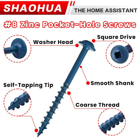 Mega 670 Piece Pocket Hole Screw Set In Sizes One Inch Through Two And A Half Inch showing screw details