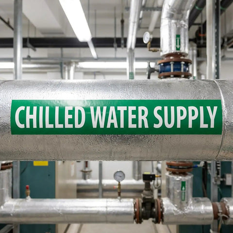 25 Pack Chilled Water Pipe Markers Vinyl Label Decals White On Green 14 Inch Long By 2 Inch High 1 1/4 Inch Letter Size Bulk For Factories And Labs Durable Weather Resistant Vinyl For Easy Identification Across Large Facilities. Green chilled water supply pipe marker on insulated pipe in facility