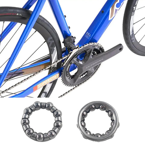 Four Piece Bike Ball Bearing Retainer Set One Quarter Inch Outer 29mm Inner 18mm Ball 6.35mm For Crank Bearings And Rear Wheel Replacement For Mountain And Kids Bicycles shown with blue bike frame and close-up of bearings.