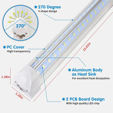 2 Foot LED Shop Light 25W 6500K 3200LM Beast Bright Clear Cover T8 Fixture showing detailed design specifications