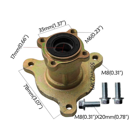 Close-up of go kart hub with detailed measurements for Upgraded 29 Inch Go Kart Rear Axle Kit With 4.10-6 Front And Rear Tires.