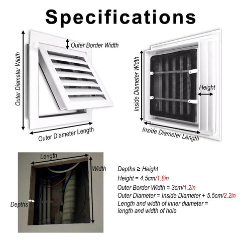Tough As Nails Aluminum Alloy Access Panel Waterproof Rustproof Utility Door With Clip Lock Hidden Switch Plug And Play Fit 20 By 35 Cm specifications showing dimensions for installation.