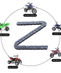 KAMIER T8F 116-link drive chain, heavy-duty steel, shown with mini bikes and ATVs