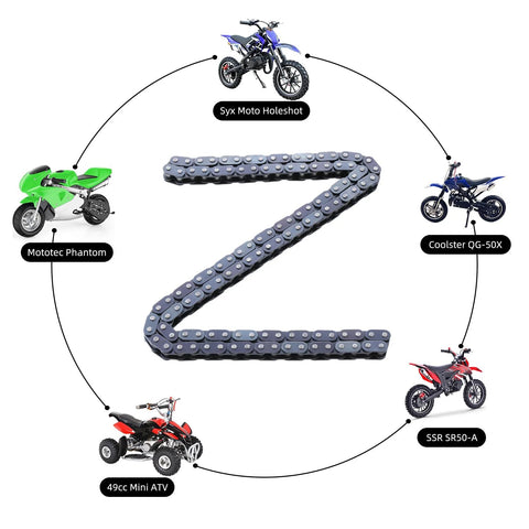KAMIER T8F 116-link drive chain, heavy-duty steel, shown with mini bikes and ATVs