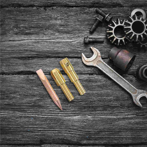 Sheet Metal Dent Repair Kit With Chuck Stud Welder And Dent Puller Set on wooden background, includes soldering iron tips and wrench.