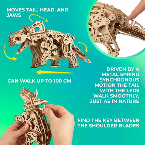 Triceratops 3D Puzzle Wood Model Kit For Adults Mind Bending Dino Automaton Builder Dinosaur Figure Hobby Set 5.6 Inch Tall Engaging Brain Teaser Craft Project, wooden moving model with spring drive